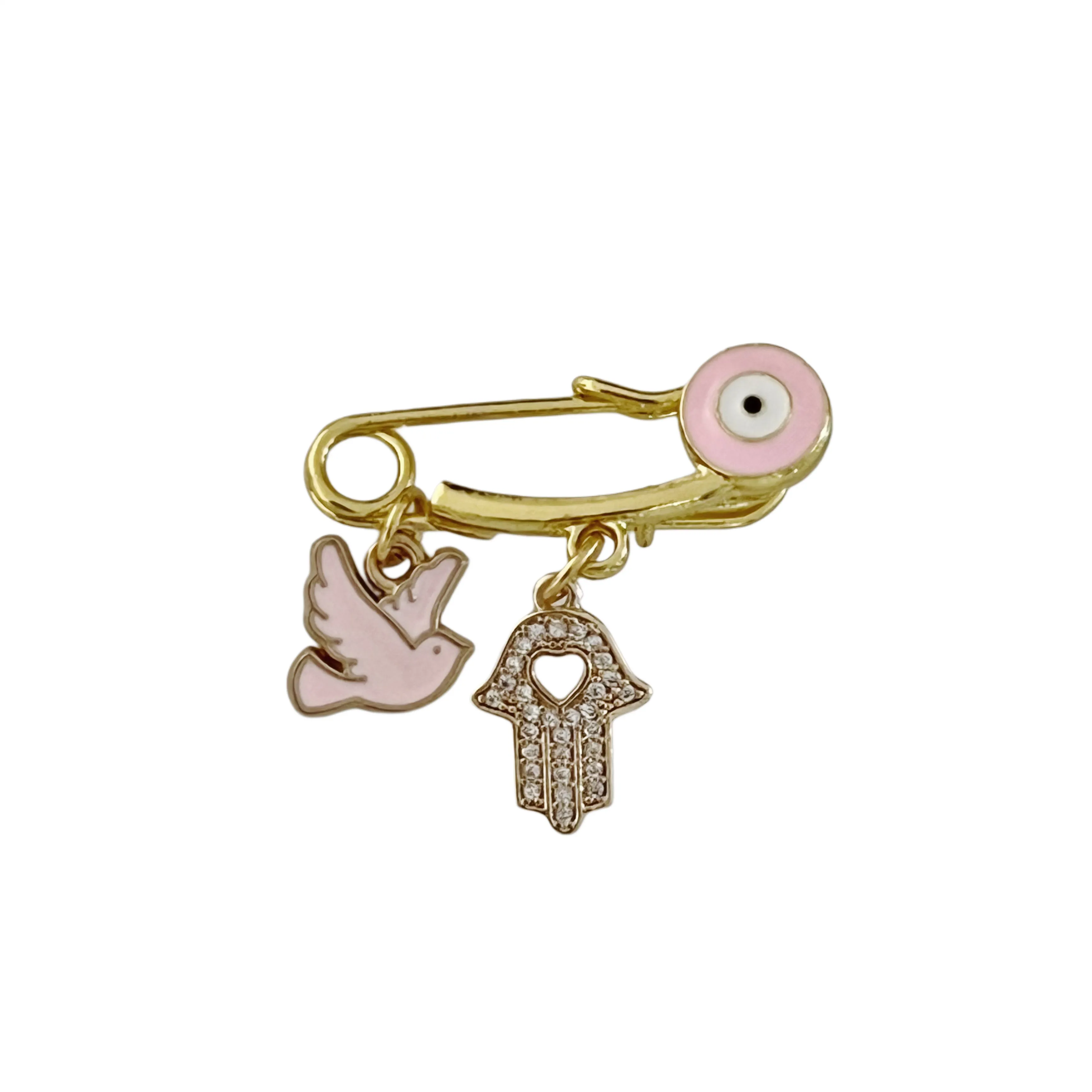 2.8 CM Enamel Evil Eye Pin With Hamsa/Dove Charms For Babies or Ladies - Gold