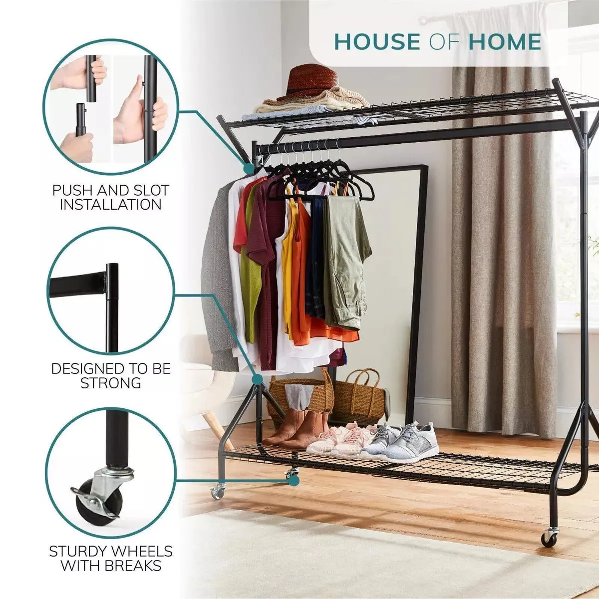 Clothing Rail Heavy Duty 6ft 5ft 4ft Hanging Clothes Shoe Hat Rack Shelf Wheels