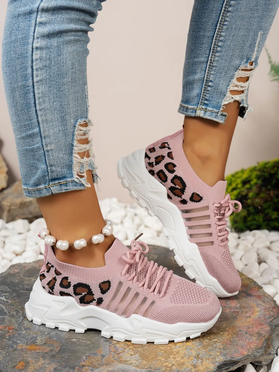 Cutout Leopard Lace Up Mesh Athletic