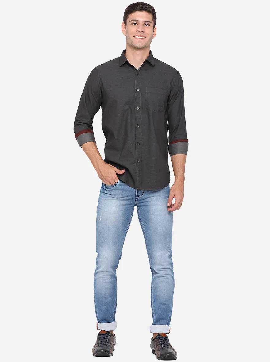 Dark Grey Solid Slim Fit Semi Casual Shirt | JadeBlue