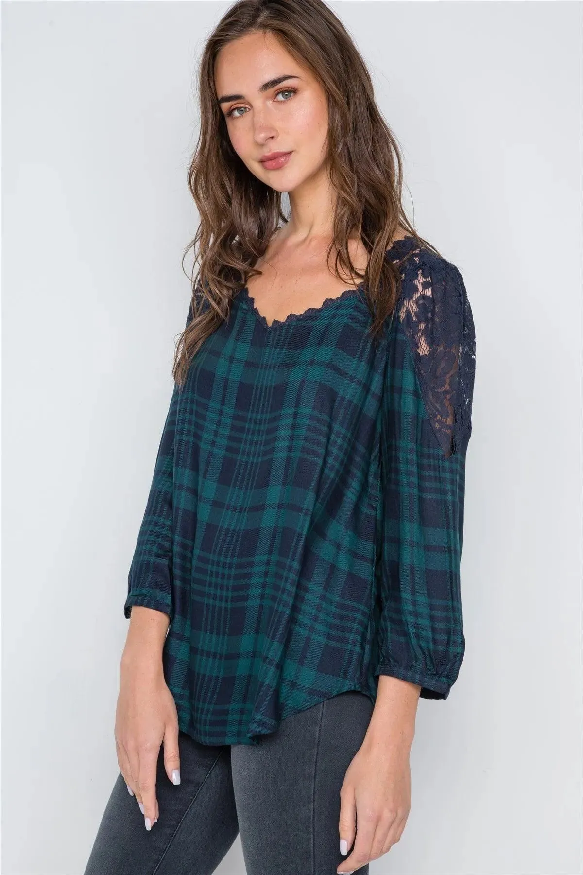 Green Plaid Front & Back Lace 3/4 Sleeve Top