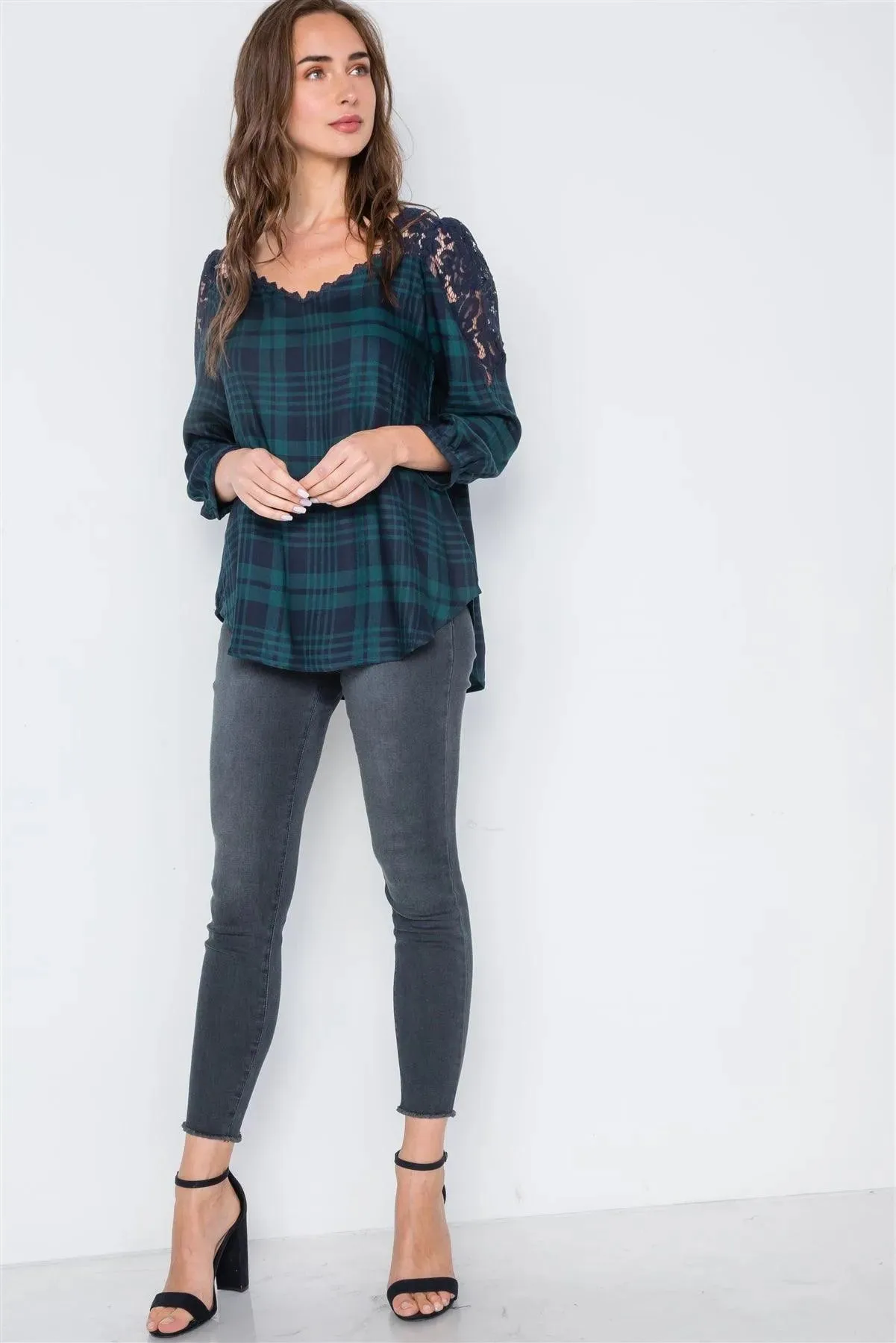 Green Plaid Front & Back Lace 3/4 Sleeve Top