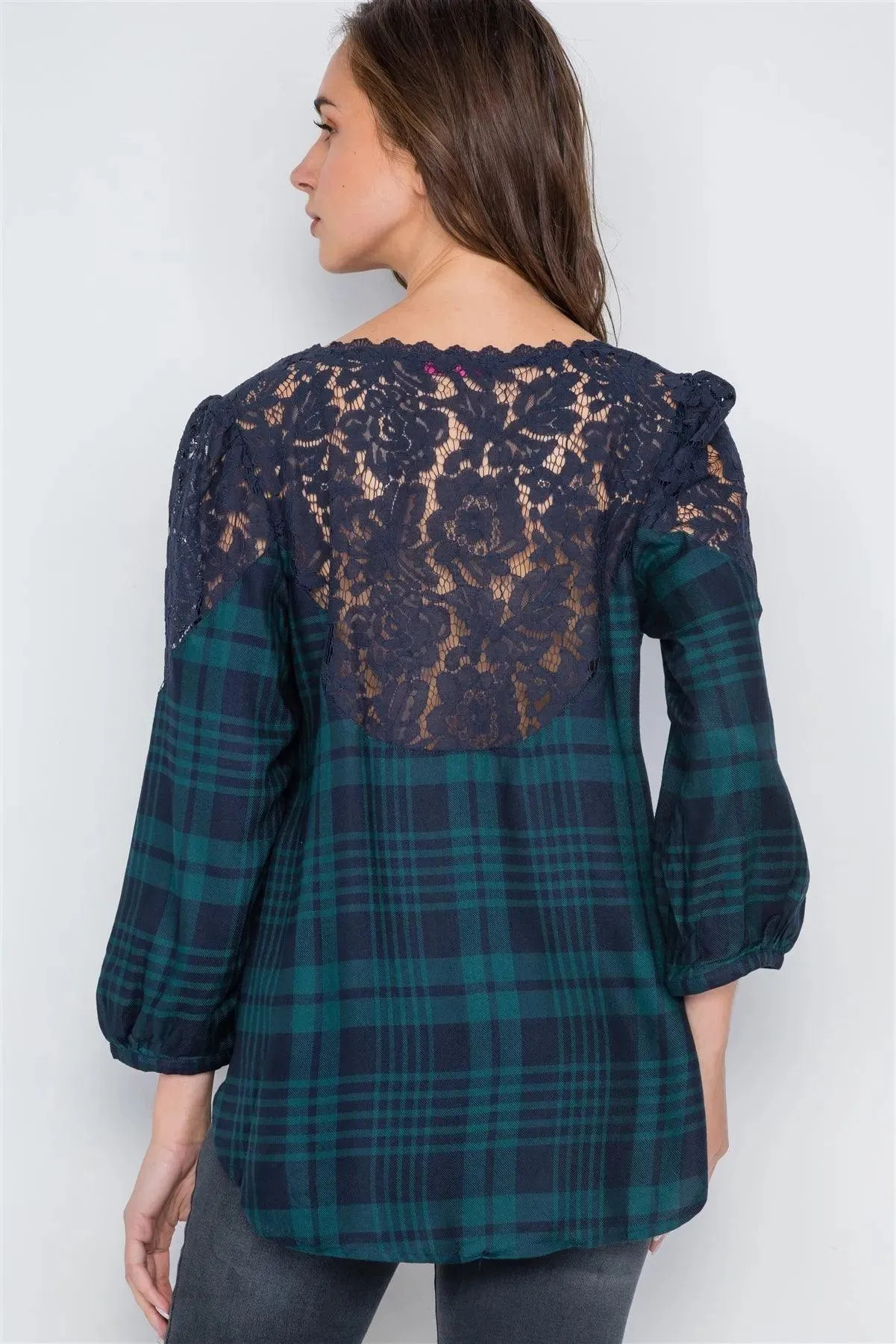 Green Plaid Front & Back Lace 3/4 Sleeve Top