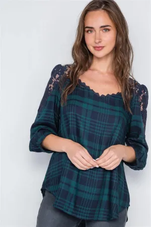 Green Plaid Front & Back Lace 3/4 Sleeve Top