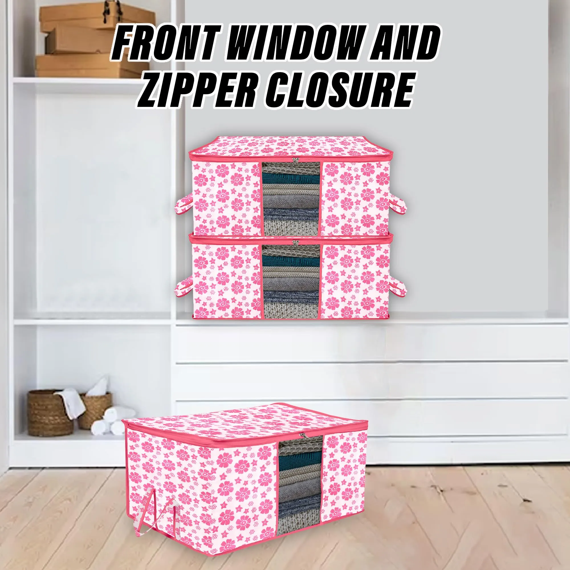 Kuber Industries Underbed Storage Bag | Clothes Storage Organizer | Blanket Cover with Clear Window | Zipper Closure & Handle Cloth Organizer | Flower-Design | Large | Pack of 3 | Pink