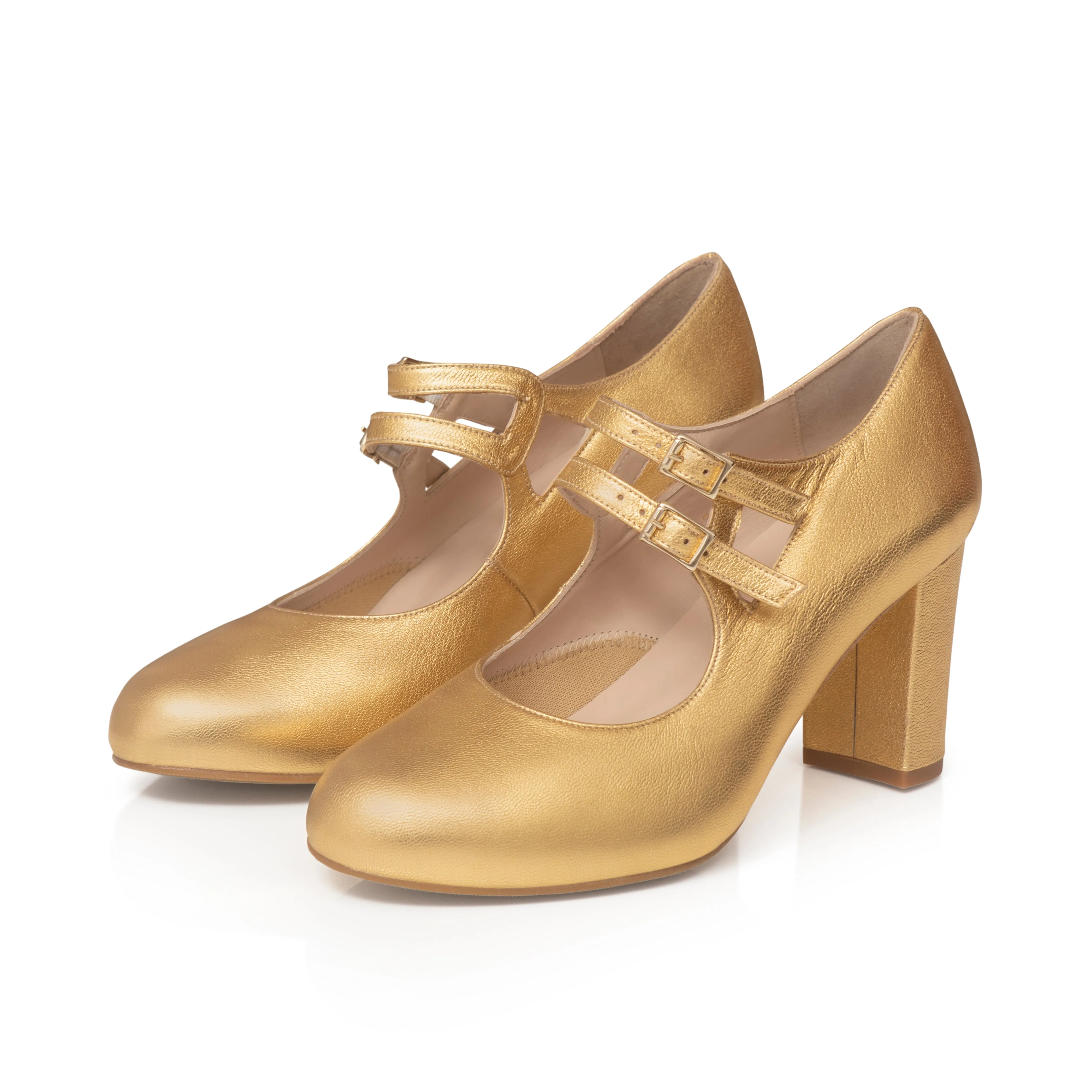 Liberty Extra Wide Fit Buckle Heels - Gold Leather