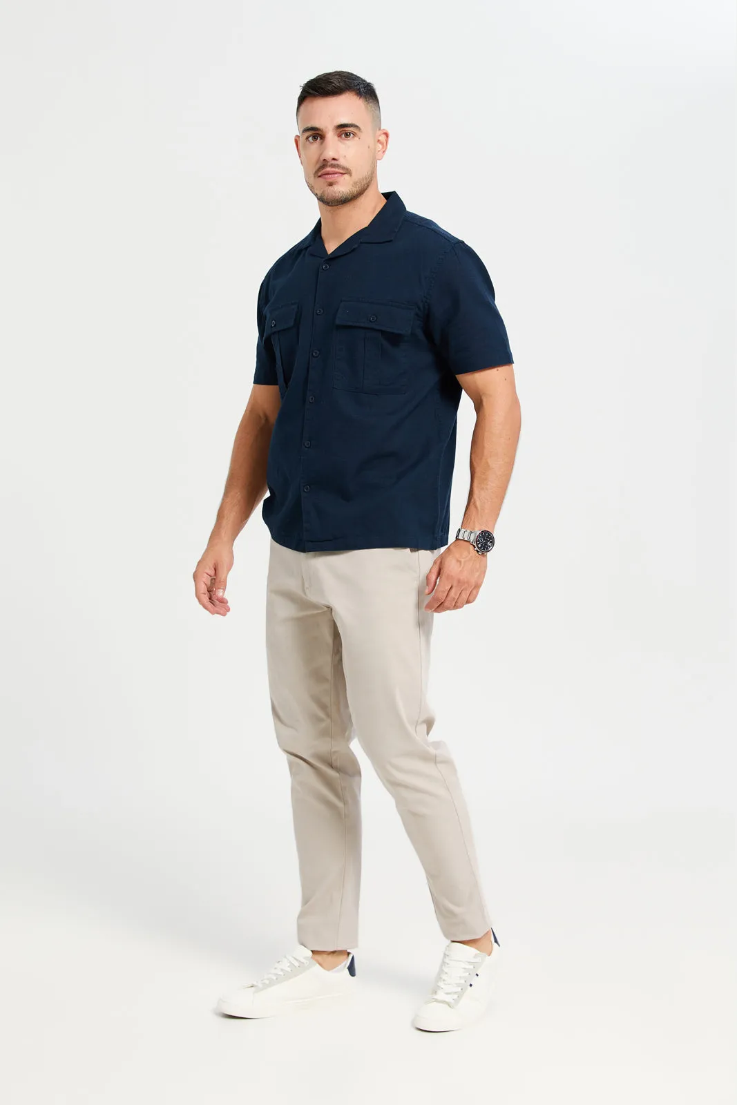 Men Navy Linen Blend Field Shirt