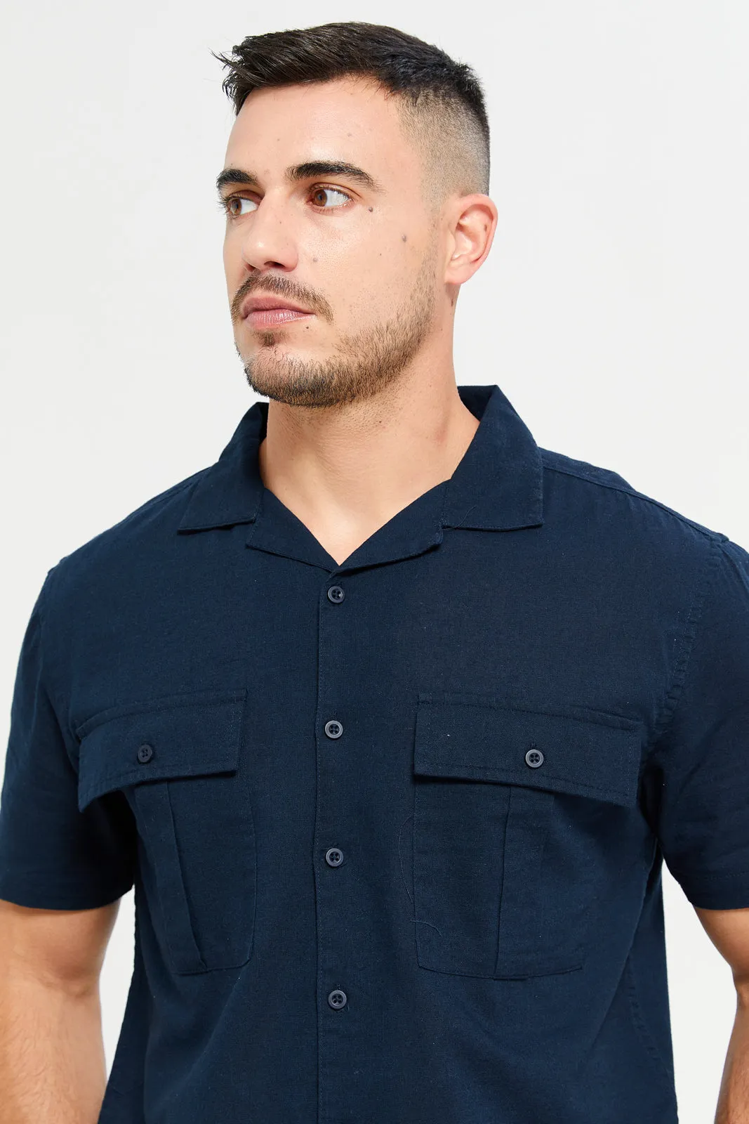 Men Navy Linen Blend Field Shirt