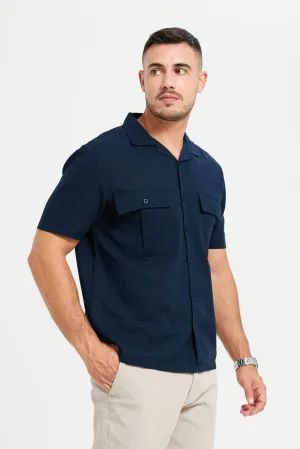 Men Navy Linen Blend Field Shirt