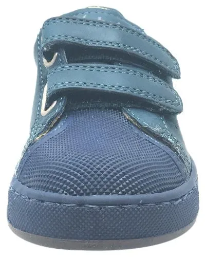 Naturino Boy's and Girl's 9102 Solid Colored Blue Perforated Leather Double Hook and Loop Sneakers