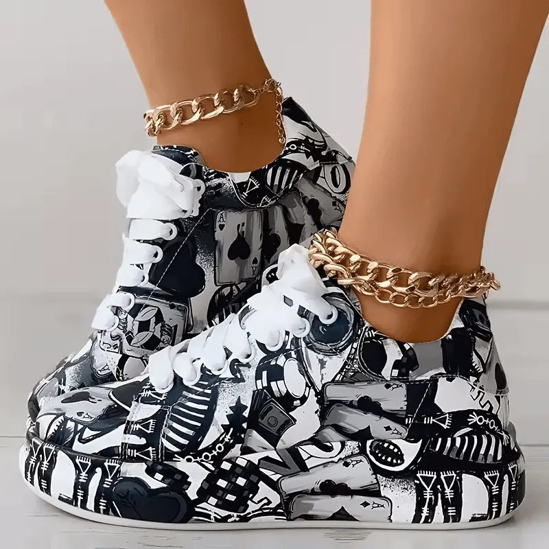 Retro Graffiti Low-Top Platform Sneakers