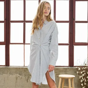 Stripe Side Wrap Button Down Dress (Blue)