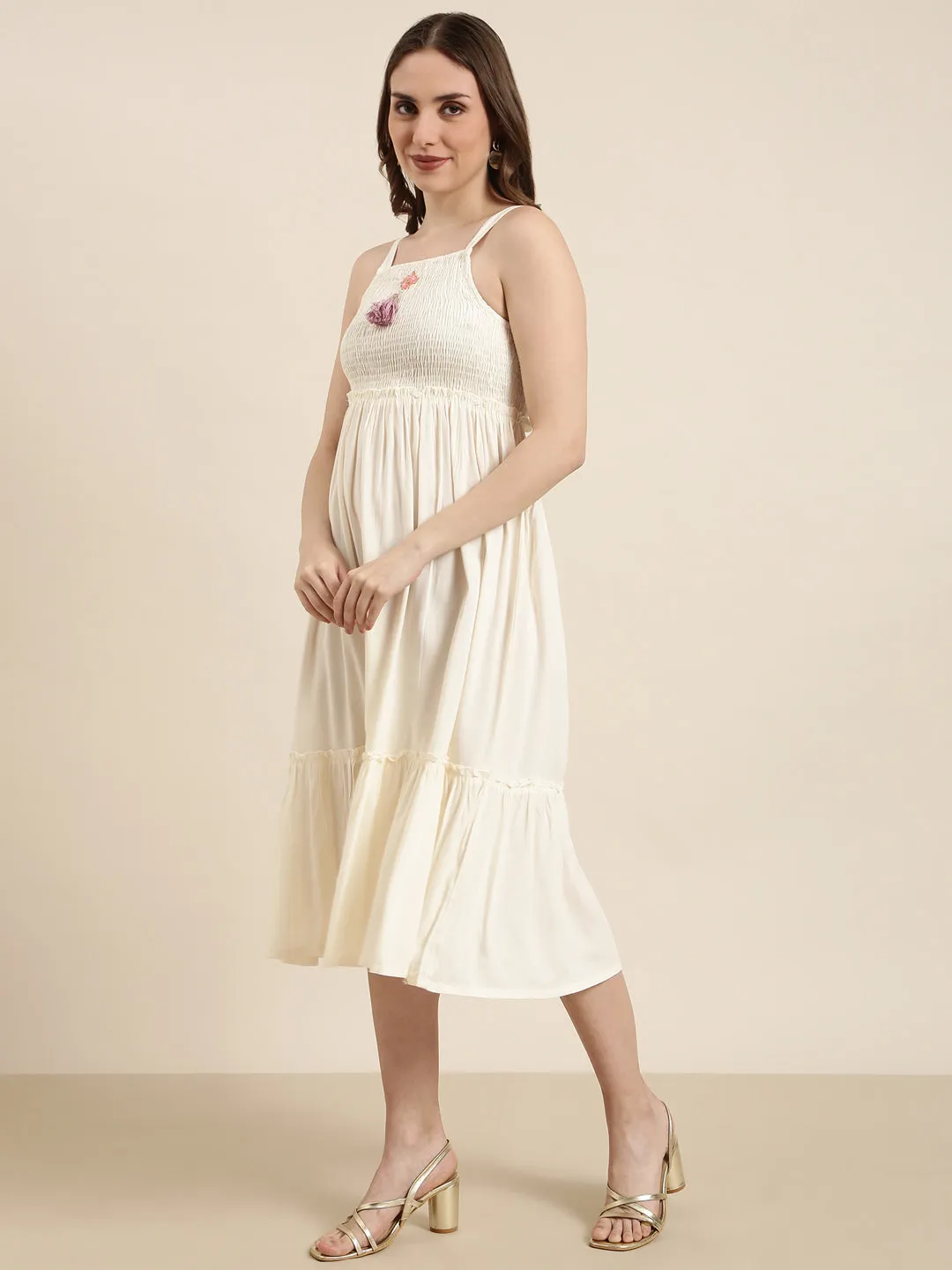 Women Cream Solid Empire Dress